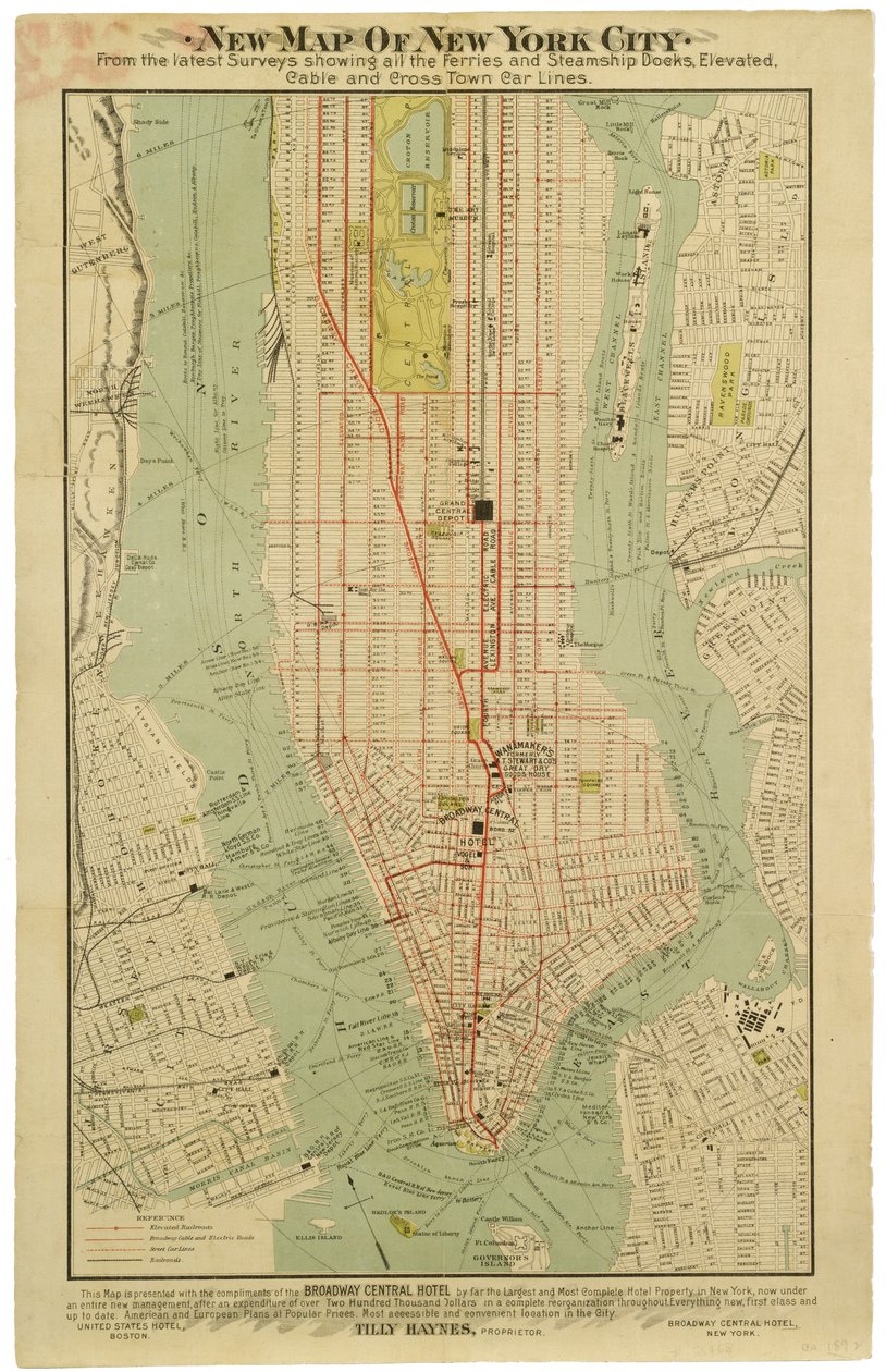 New map of New York City from the latest surveys showing all the ferries and steamship docks, elevated, subways electric and cross town car lines by American School