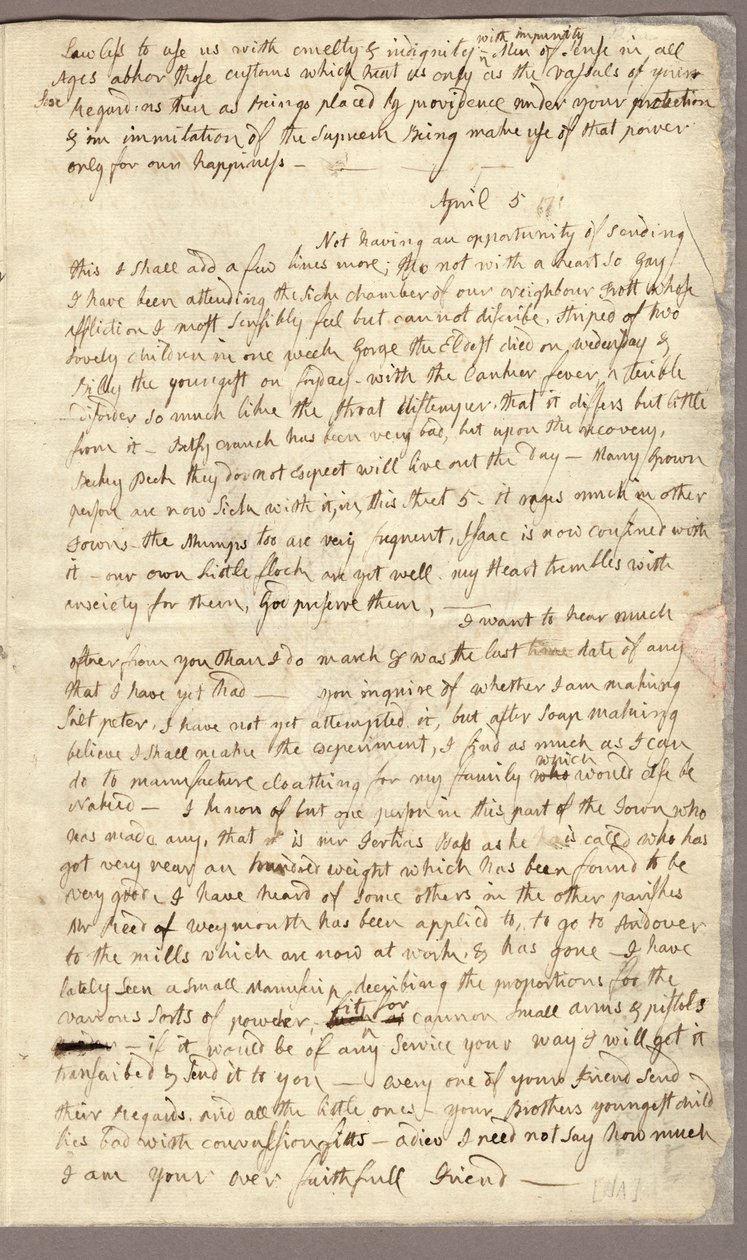Page 3, Letter from Abigail Adams to John Adams, 31 March - 5 April 1776 by American School