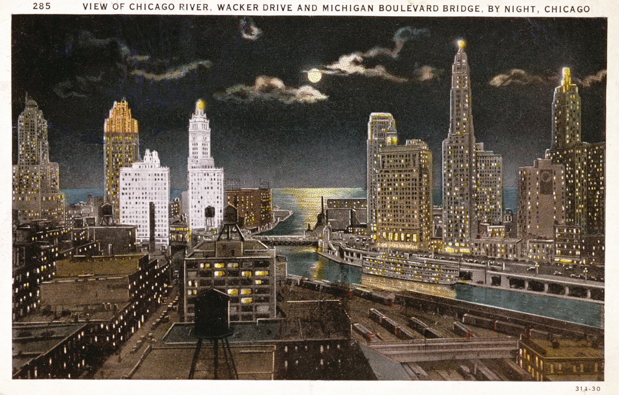 Postcard of Chicago by night, c.1930 by American School