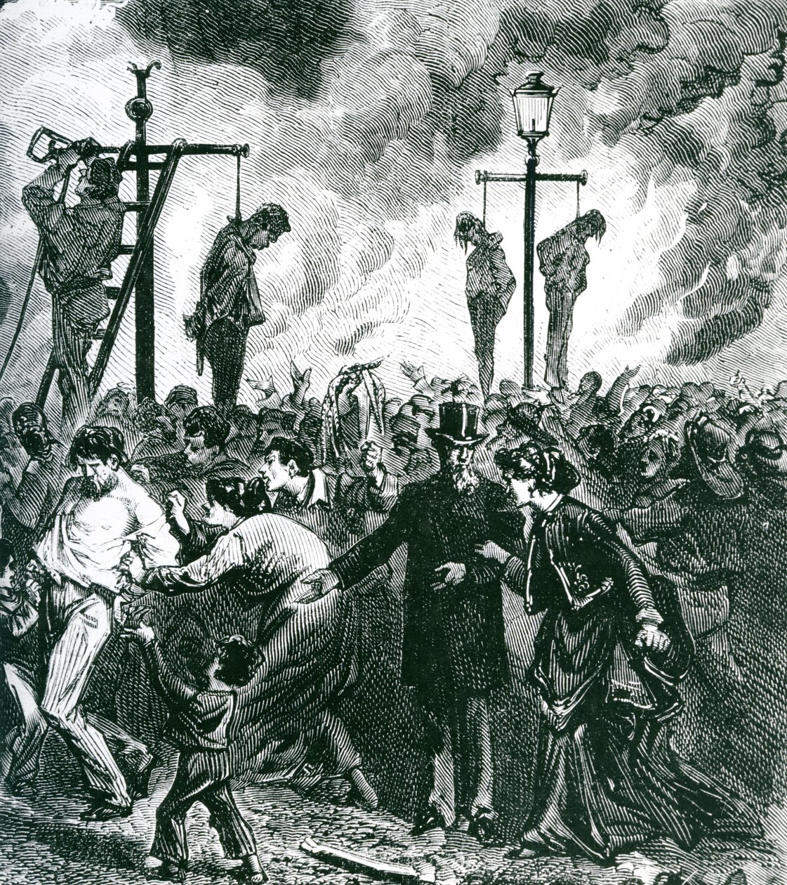 Riots prevail during Great Fire of Chicago in 1871 by American School