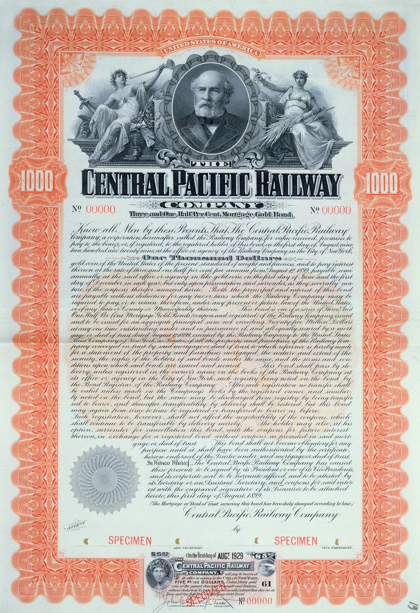 Specimen bond certificate for 1000 dollars for the Central Pacific ...