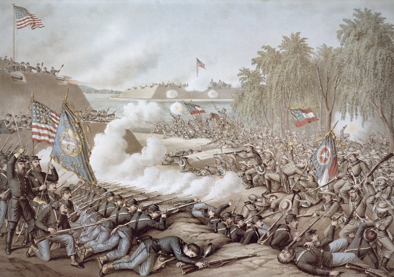 The Battle of Corinth, 3rd-4th October 1862, showing flags of North and South, by Kurz & Allison by American School