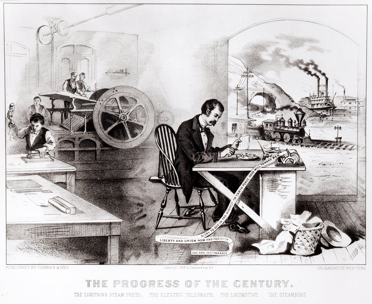 The Progress of the Century: The Lightning Steam Press, the Electric Telegraph, the Locomotive and the Steamboat, pub. by Currier & Ives, 1876 by American School
