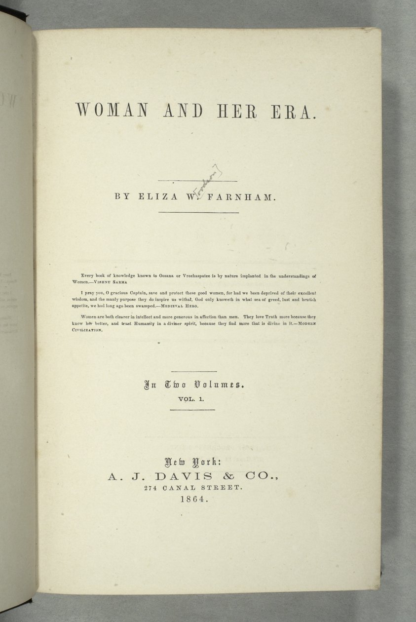 Titlepage of Women and Her Era by Eliza Wood Farnham, published in New York, 1864 by American School