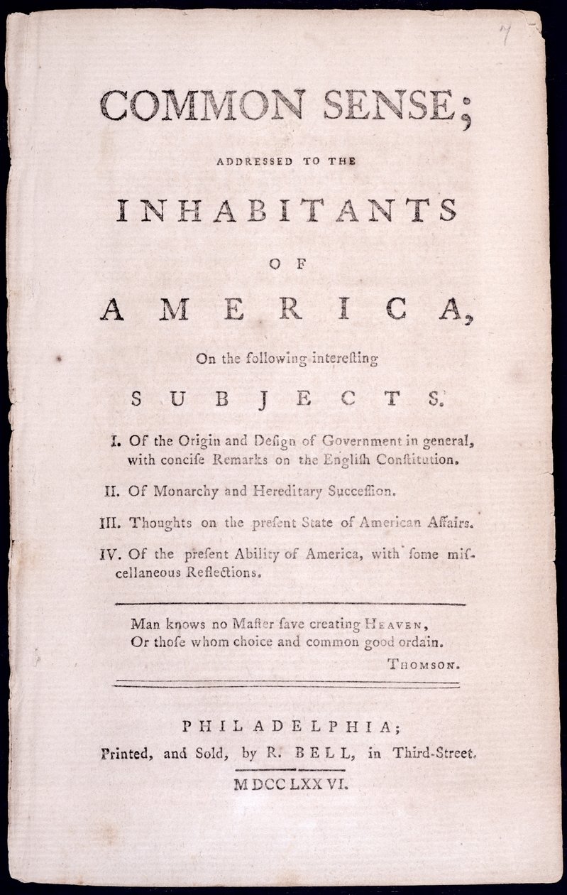 Titlepage to Common Sense by Thomas Paine by American School