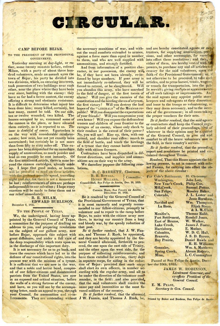 To The People of Texas re: siege of Mexican garrison at San Antonio de Bexar, 10th December 1835 by American School