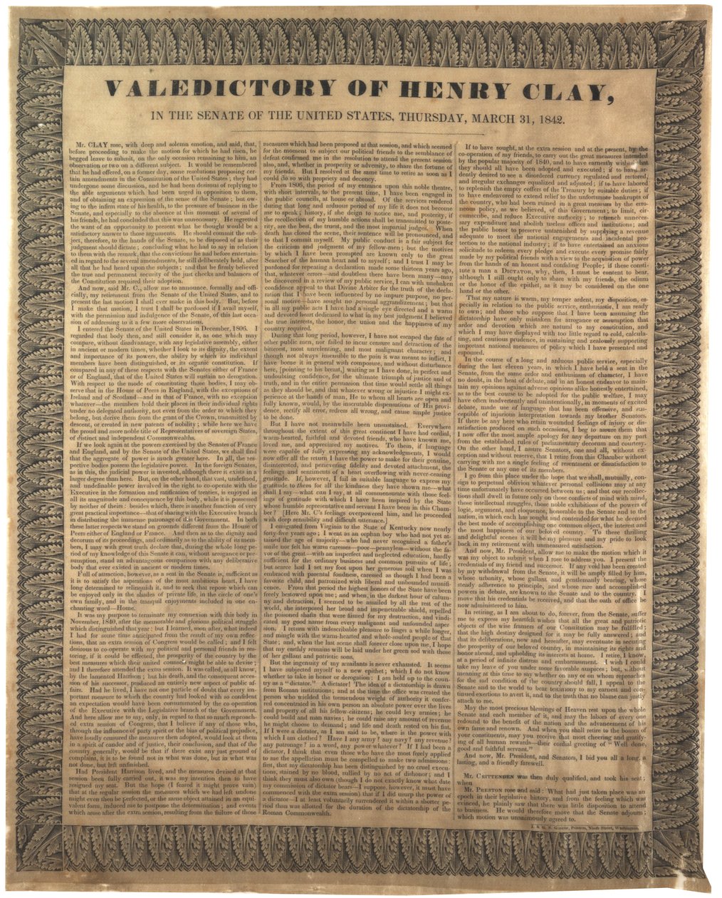 Valedictory of Henry Clay, in the Senate of the United States, 31th March 1842 by American School