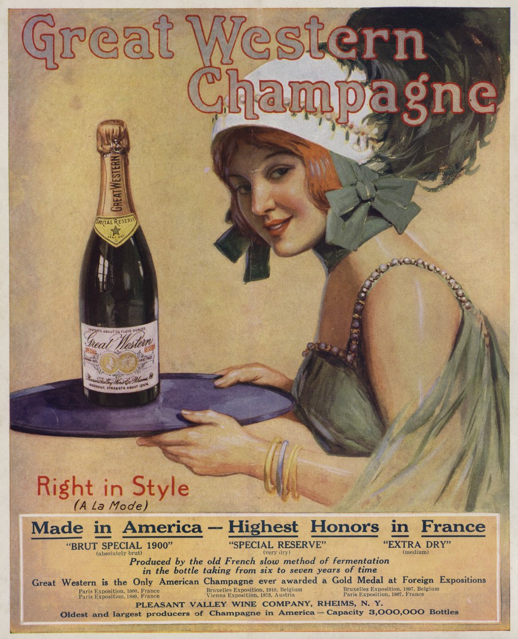 Young Woman with a Bottle of Champagne, Advertisement for Great Western Champagne by American School