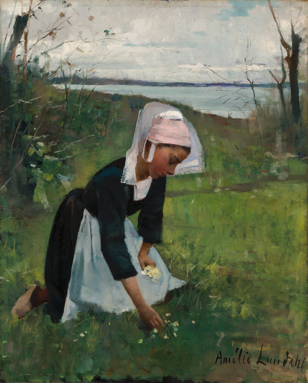 Breton Girl Picking Flowers by Amélie Lundahl