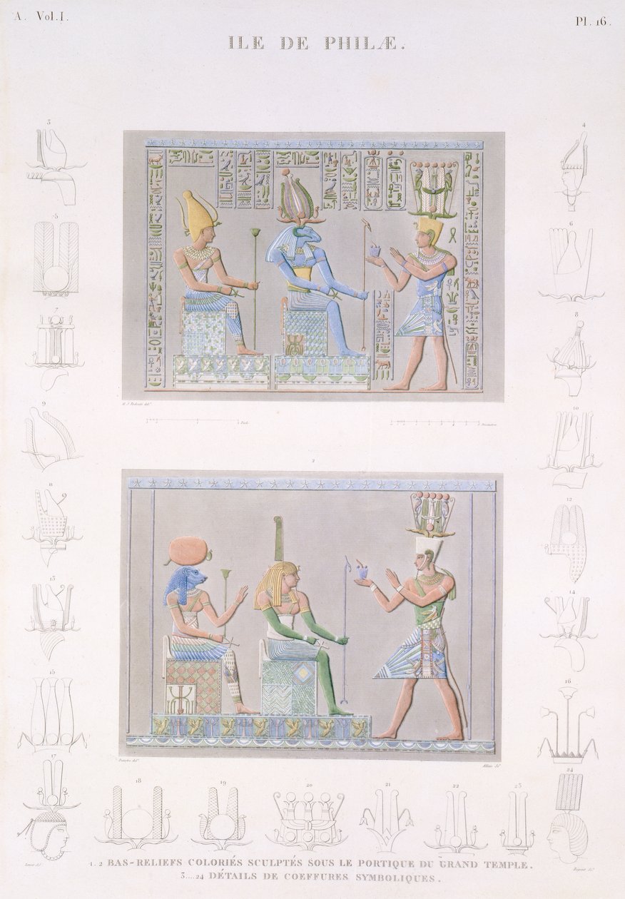 Coloured base reliefs sculpted on the portico of the Grand Temple with details of the symbols, the Island of Philae, plate 16 from Vol I of 