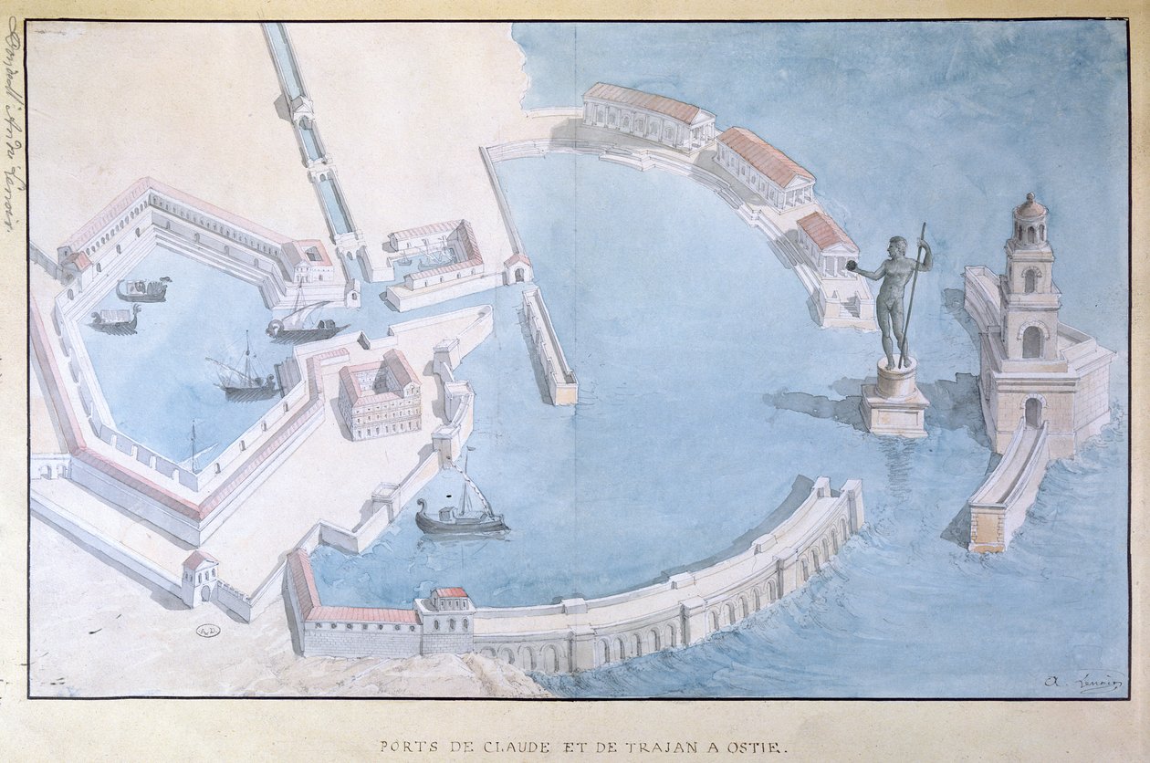 Reconstruction of the Roman port of Ostia, c.1850 by Andre Lenoir