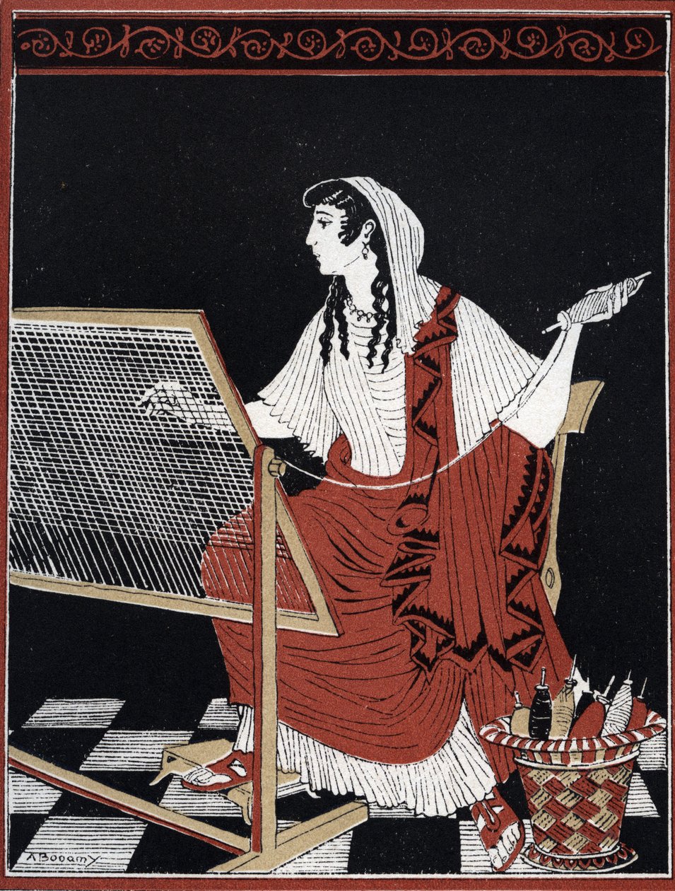 Odyssey of Homer: Penelope Constantly Undoing and Redoing Her Tapestry on Her Loom While She Waits for the Return of Odysseus, Illustration by Andre Bonamy in 