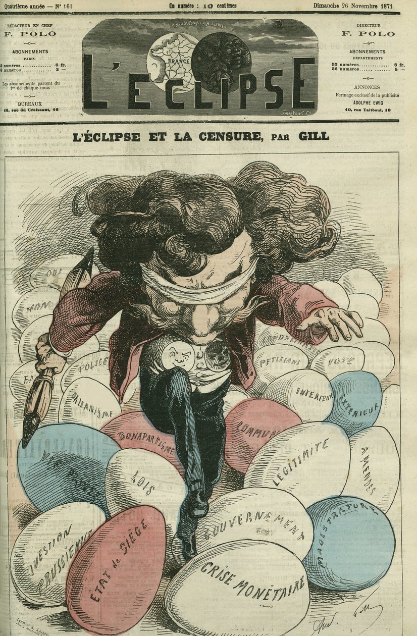 Eclipse and censorship, an illustration of Gill walking on eggs by Andre Gill