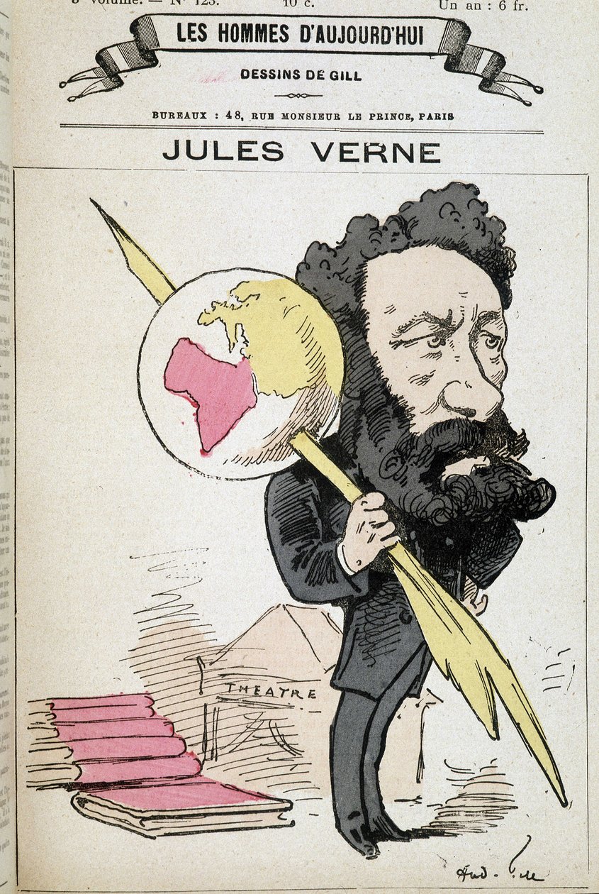Jules Verne Pinching the Earth to His Pen - by Gill, in 