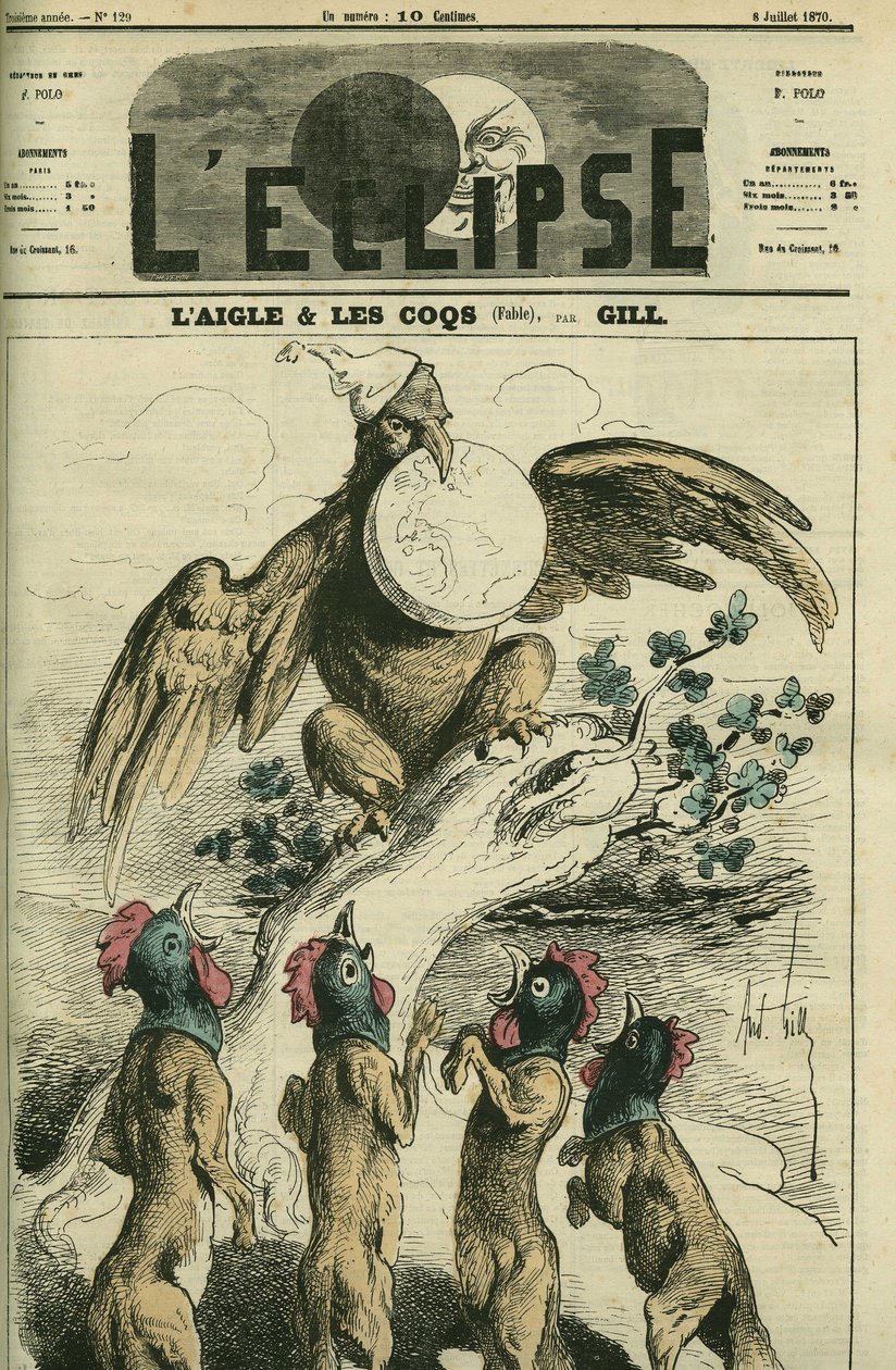 The eagle and the roosters, according to the fable, the Napoleonic eagle holds France in its beak ready to release it to foxes with a rooster