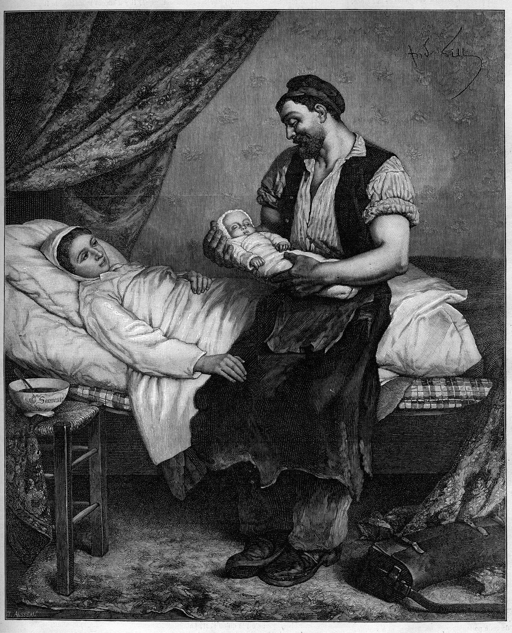 The new one (newborn). Engraving after the painting by Andre Gill (1840-1885) in 