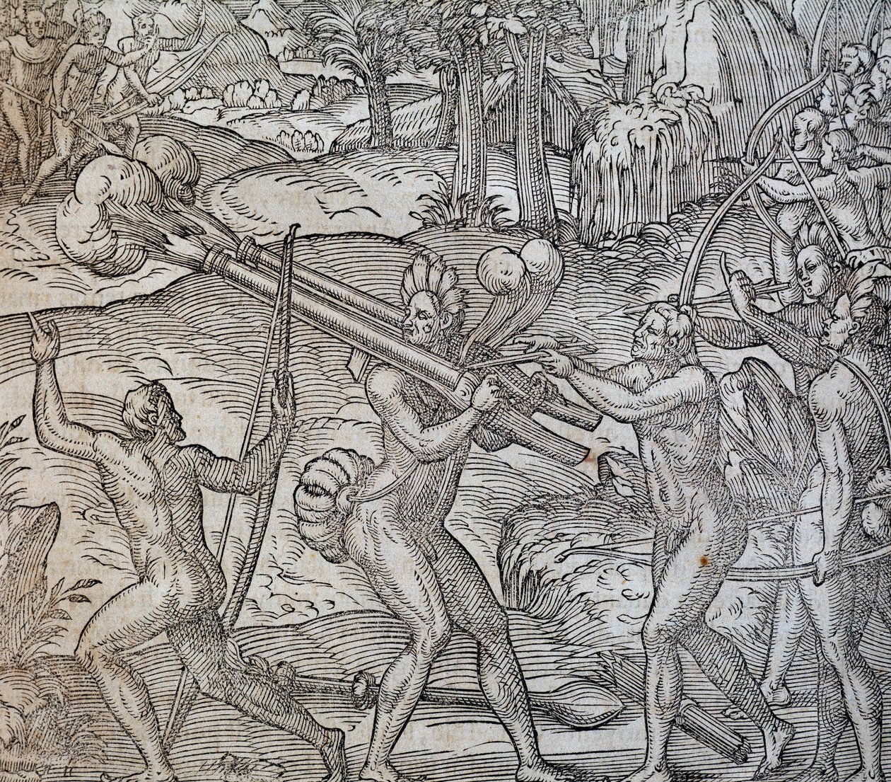 Battle between natives in Canada, engraving from Cosmographie Universelle by Andre Thevet
