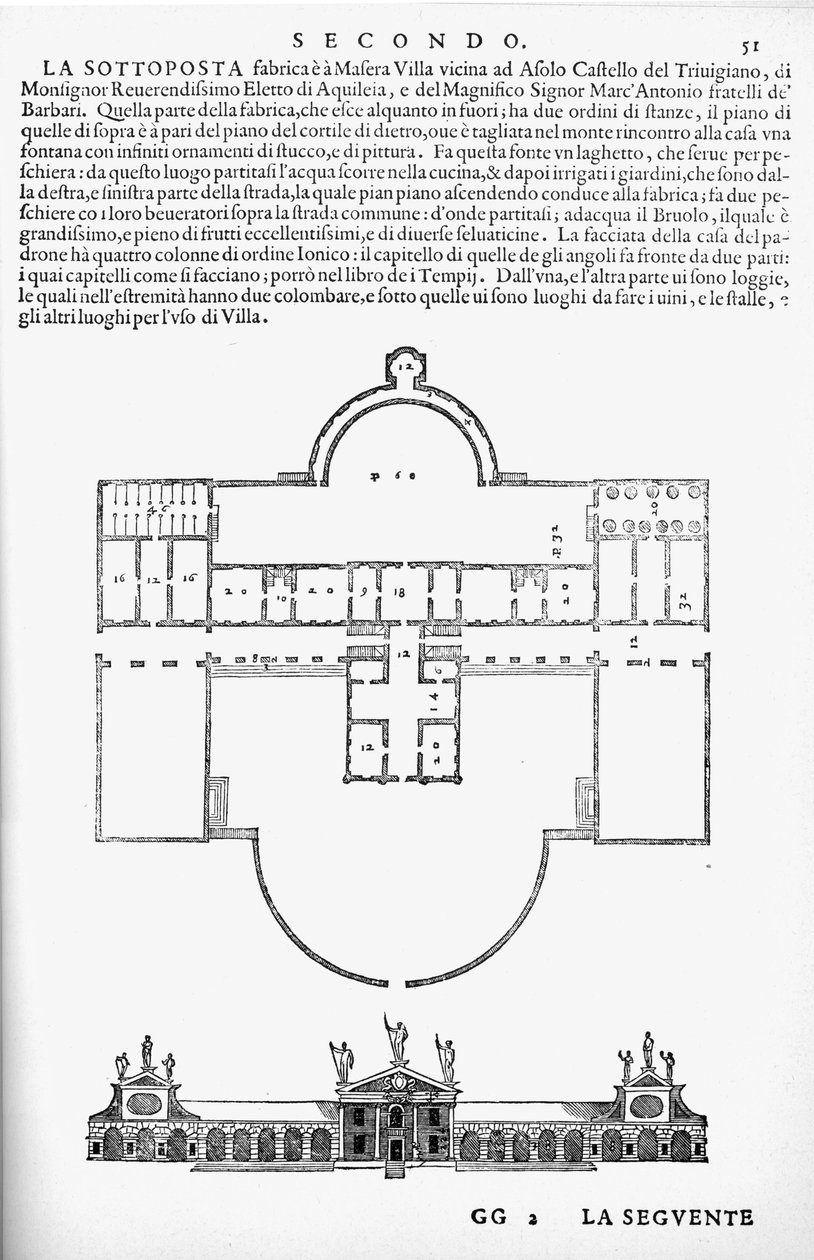 Plan and elevation of Villa Barbaro, Maser, illustration from a facsimile copy of 