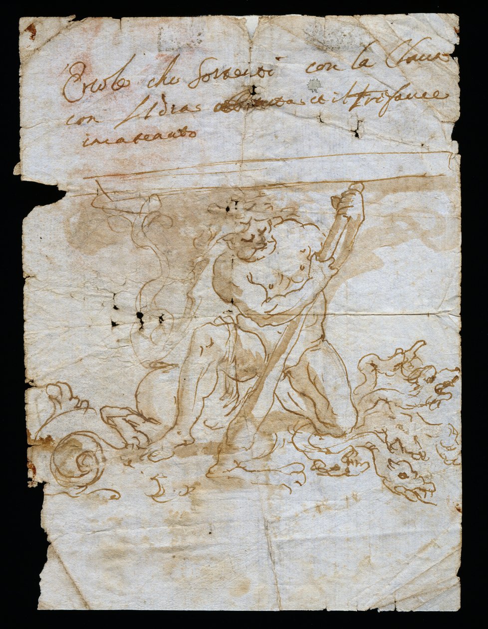 Design sketch for vasestand, base depicting Hercules with Hydra and Cerberus, Andrea Brustolon, Italy by Andrea Brustolon