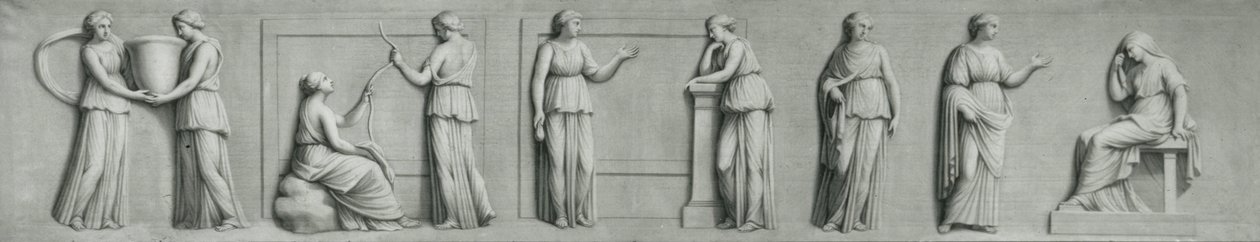 A grisaille panel depicting female figures including muses by Andrea Casali