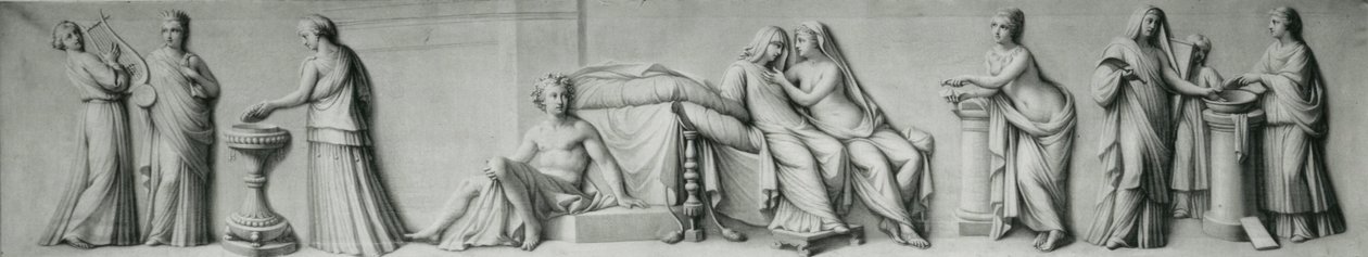 A grisaille panel depicting scenes based on the Aldobrandini Marriage by Andrea Casali