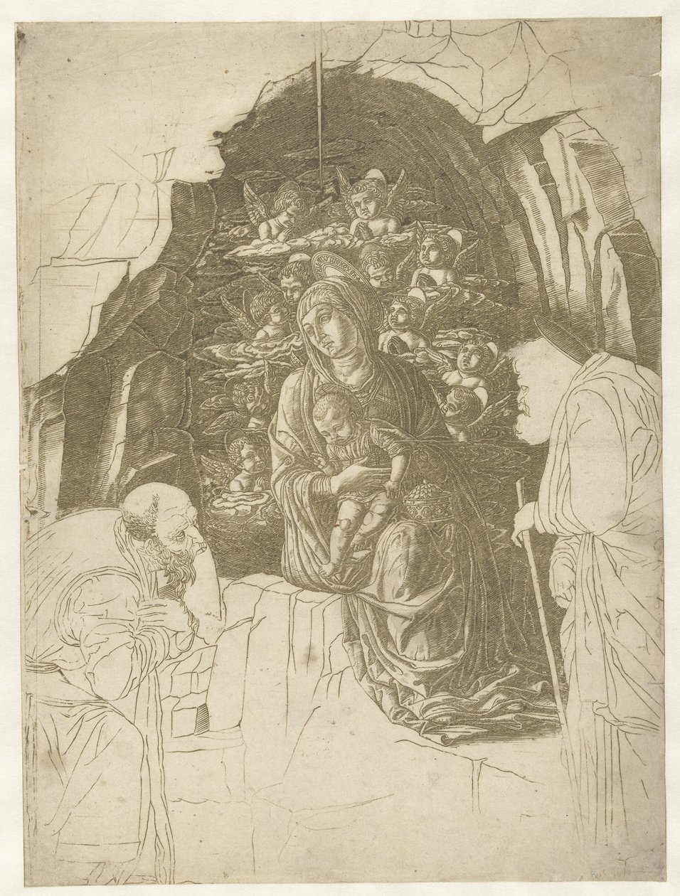 Mary with Child Surrounded by Angels in a Cave with Joseph and King in Adoration by Andrea Mantegna (school of)
