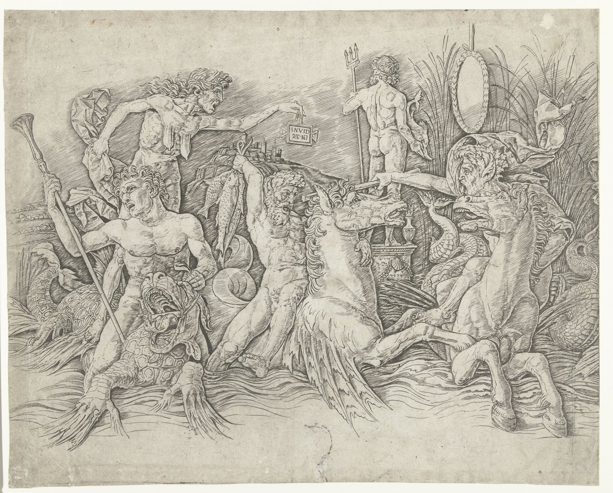 Battle Between Satyrs Riding Hippocampi and Old Woman as Personification of Envy Standing on Back of Dragon by Andrea Mantegna