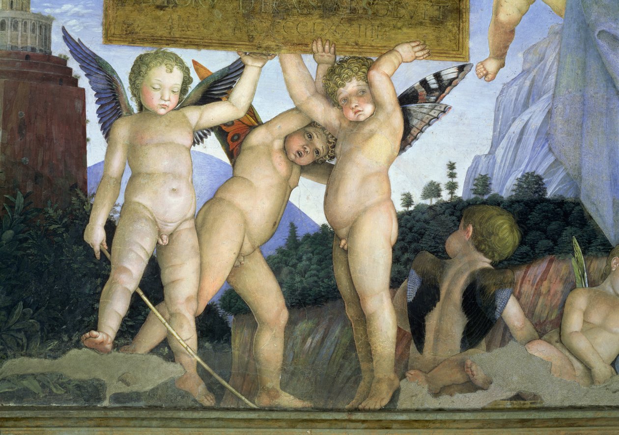 Putti with butterfly wings supporting the dedicatory plaque: (detail) by Andrea Mantegna