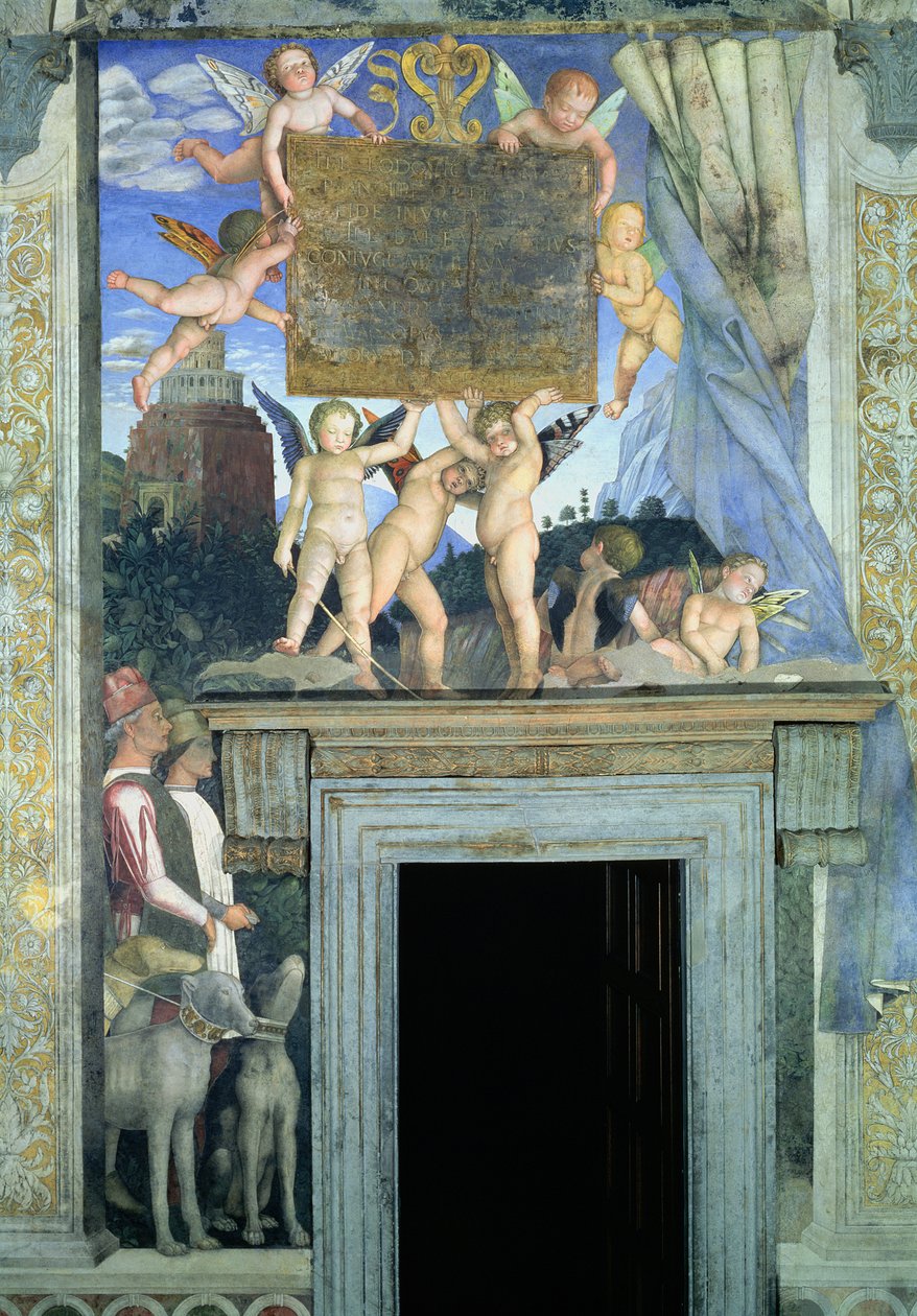 Putti with butterfly wings supporting the dedicatory plaque with hunting dogs and their handlers: (detail) by Andrea Mantegna