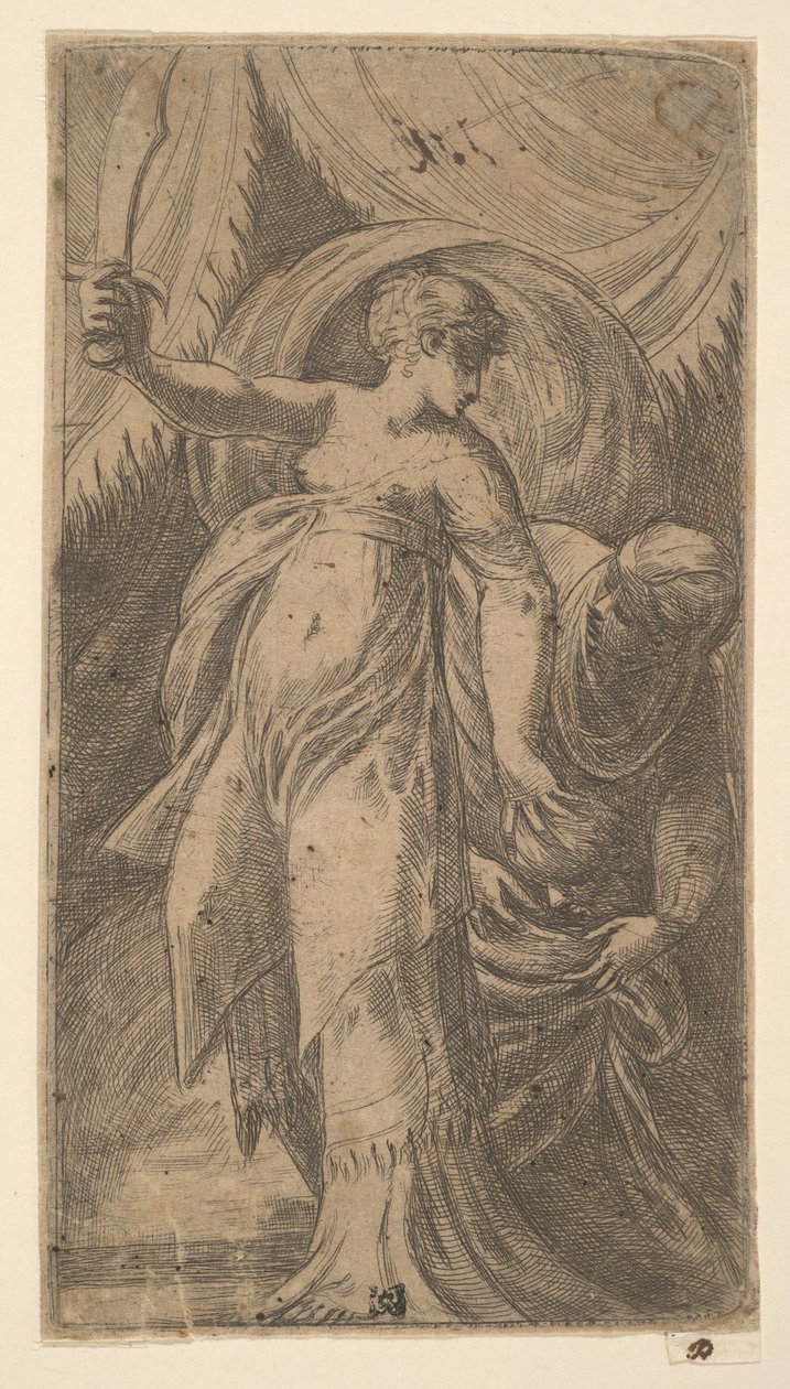 Judith with her sword raised in her right hand and placing the head of Holofernes by Andrea Schiavone