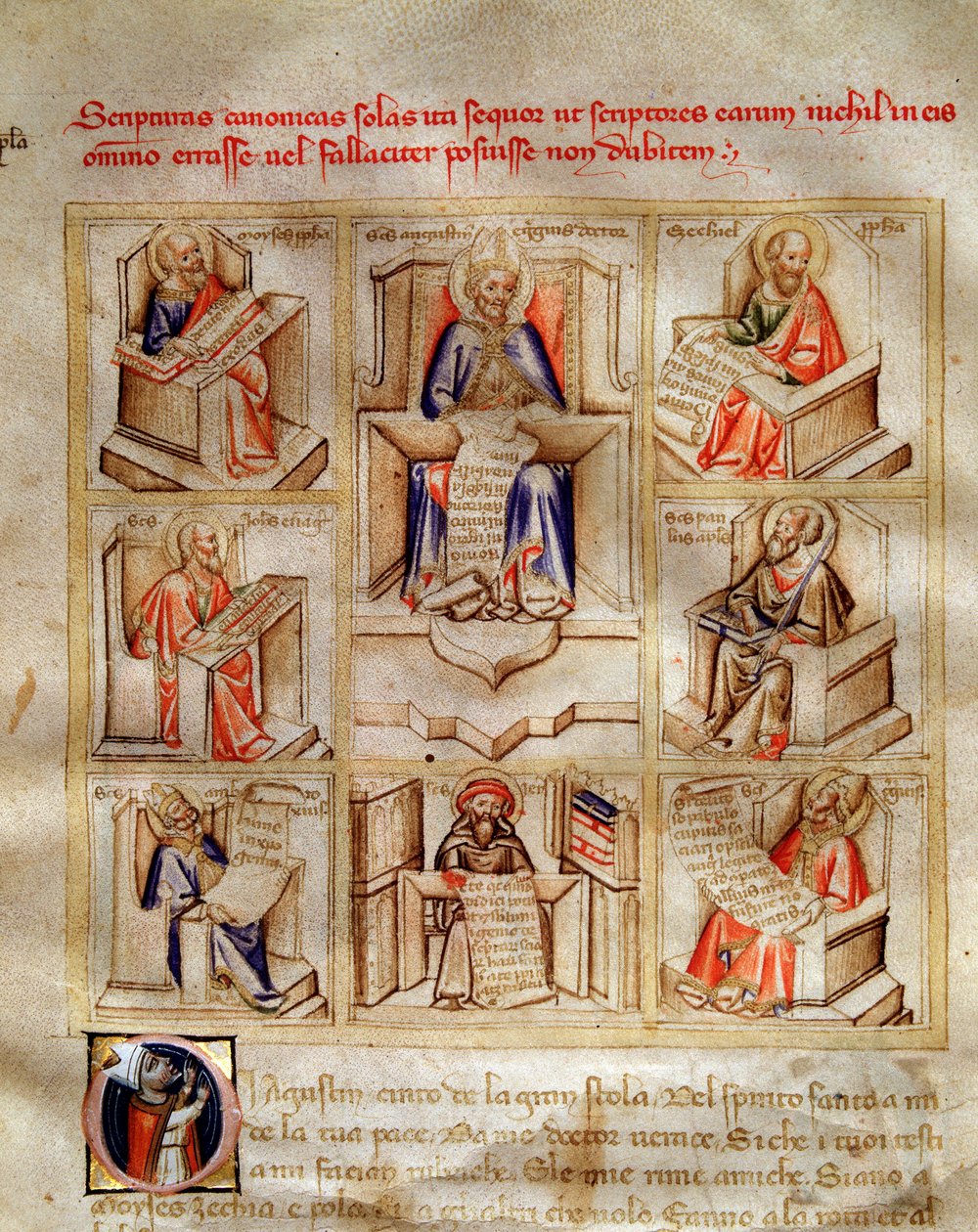 Representation of the doctors of the church: Saint John, Saint Ambrose of Milan, Saint Jerome, Saint Gregoire the Great and Saint Paul in 