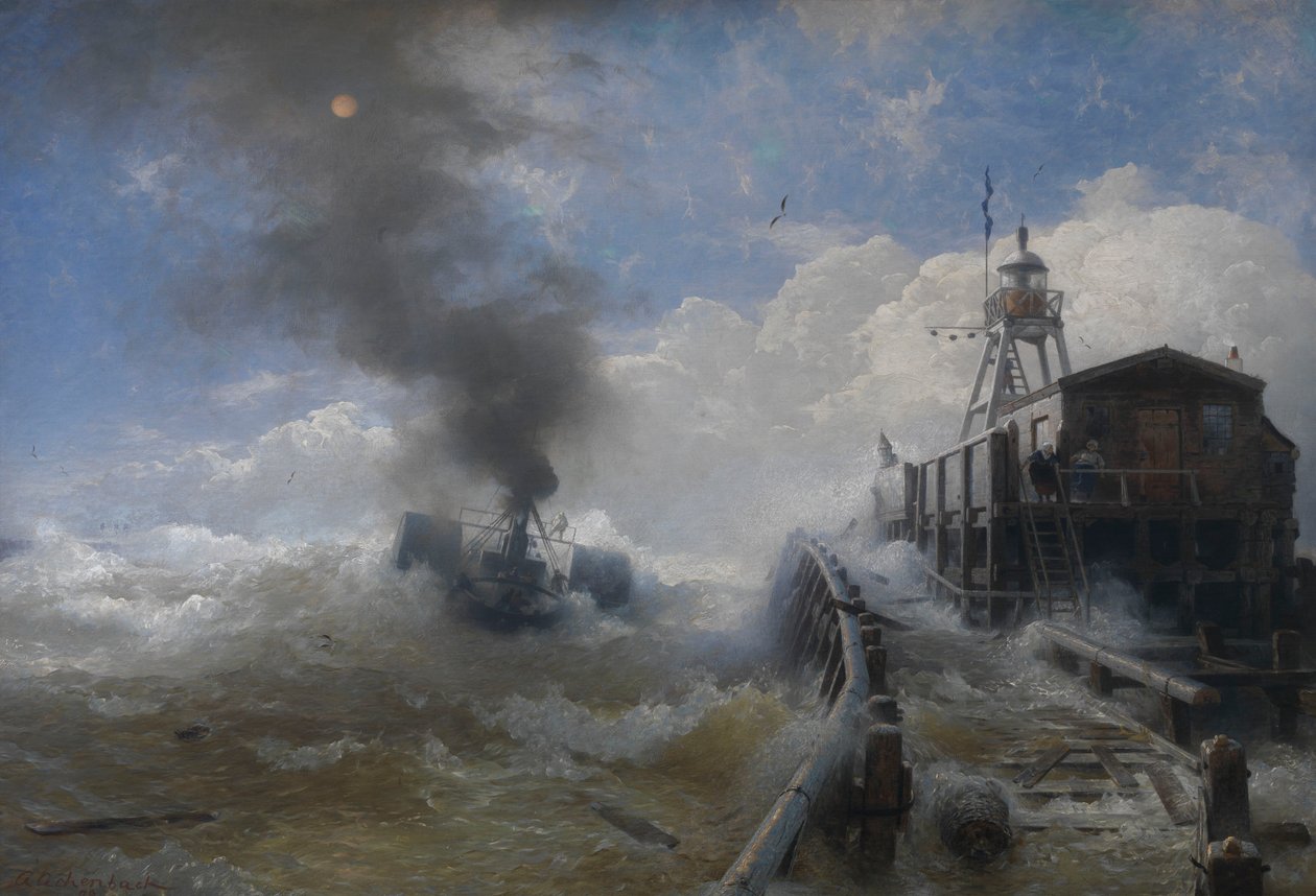 A Tug Leaving the Port of Ostend at High Tide by Andreas Achenbach