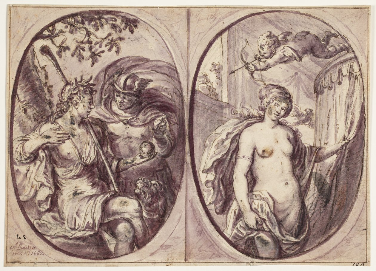 Two Oval Compositions on One Sheet. To the Left Sits a Shepherdess (Diana?) with a Staff and a Dog by Her Side. She Holds an Apple, Which Mercury in a Cloak Seems to Have Brought Her; on This Stands: 