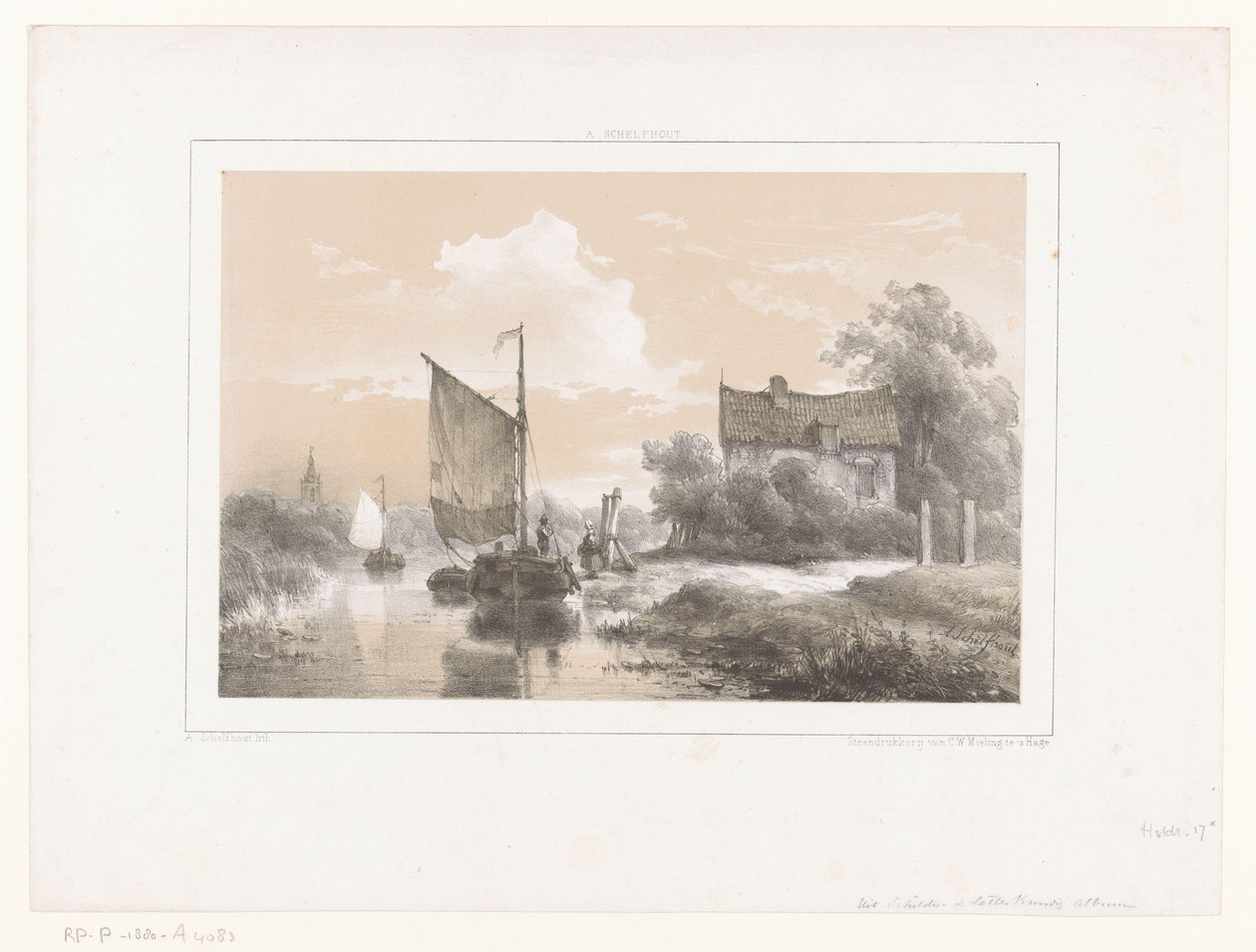 Man on Moored Sailboat Talking to Woman by Andreas Schelfhout