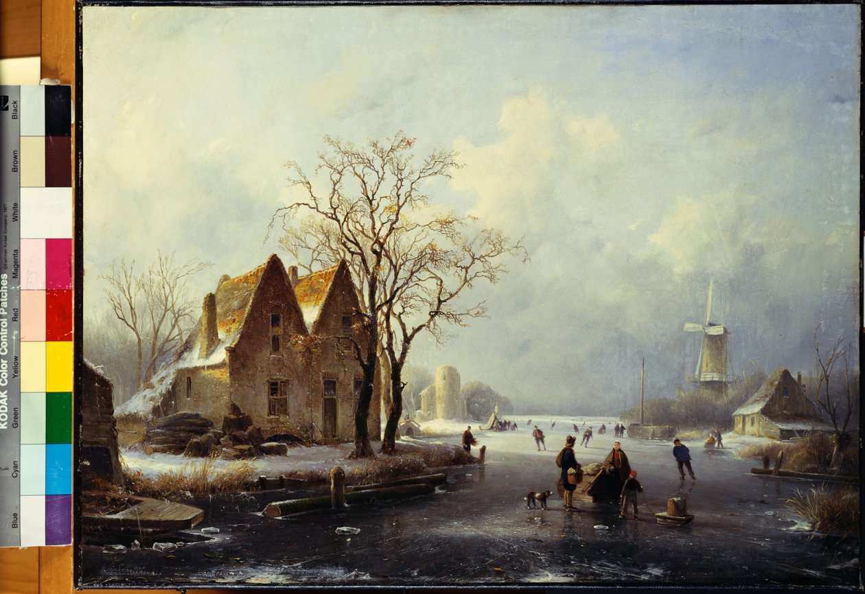 Skaters in a Frozen Winter Landscape by Andreas Schelfhout