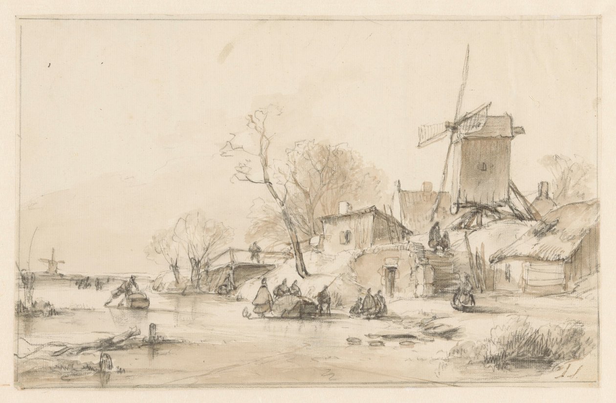 Winter Landscape with a Mill and Some Houses on a Dike by Andreas Schelfhout