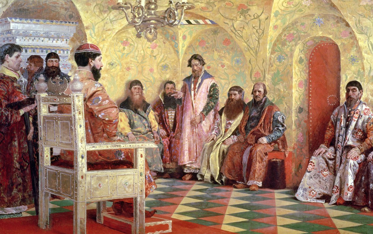 Tsar Mikhail Fyodorovich with Boyars Sitting in His Room by Andrei Petrovich Ryabushkin