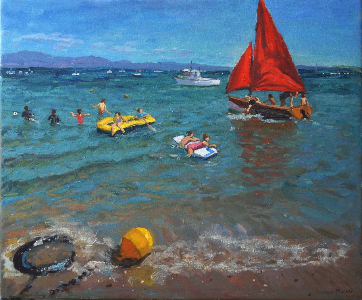 Yellow Buoy and Red Sails, Abersoch by Andrew Macara