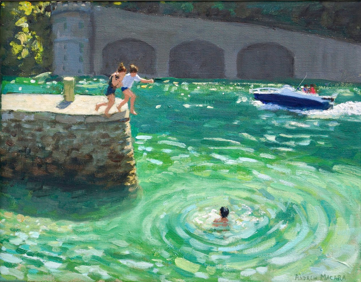 Jumping off the harbour wall, Looe, Cornwall by Andrew Macara