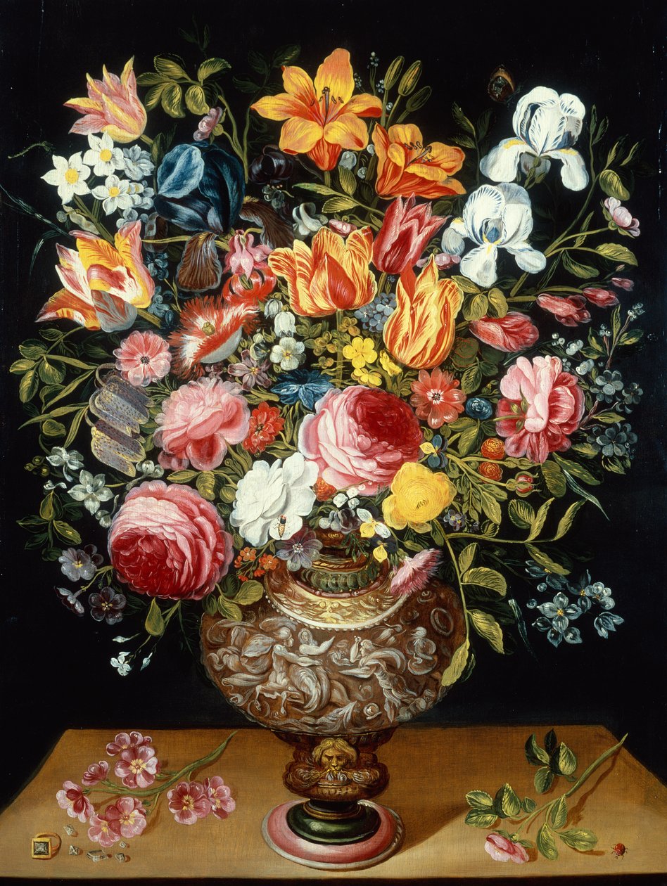 Roses, Tulips, Narcissi, Irises and Other Flowers in a Sculpted Urn and a Ladybird on a Ledge by Andries Daniels or Danielsz