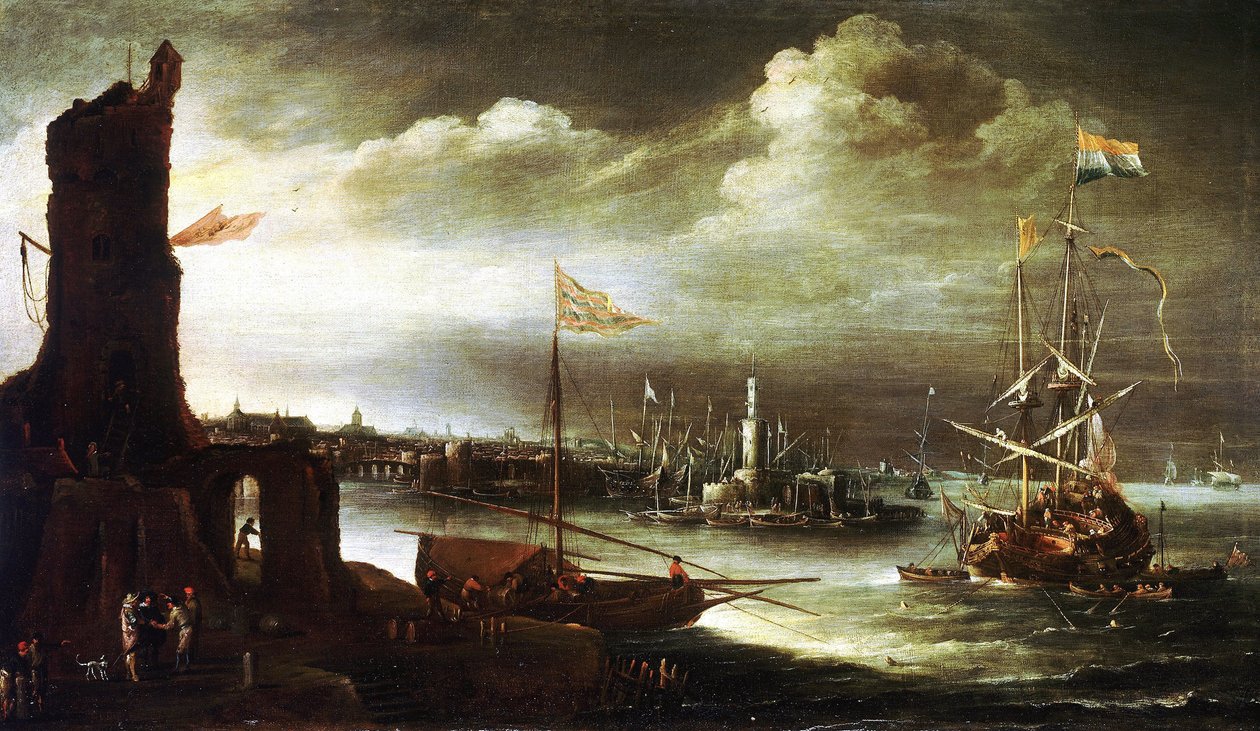 A Dutch ship anchored in front of the port of Genoa by Andries van Eertvelt