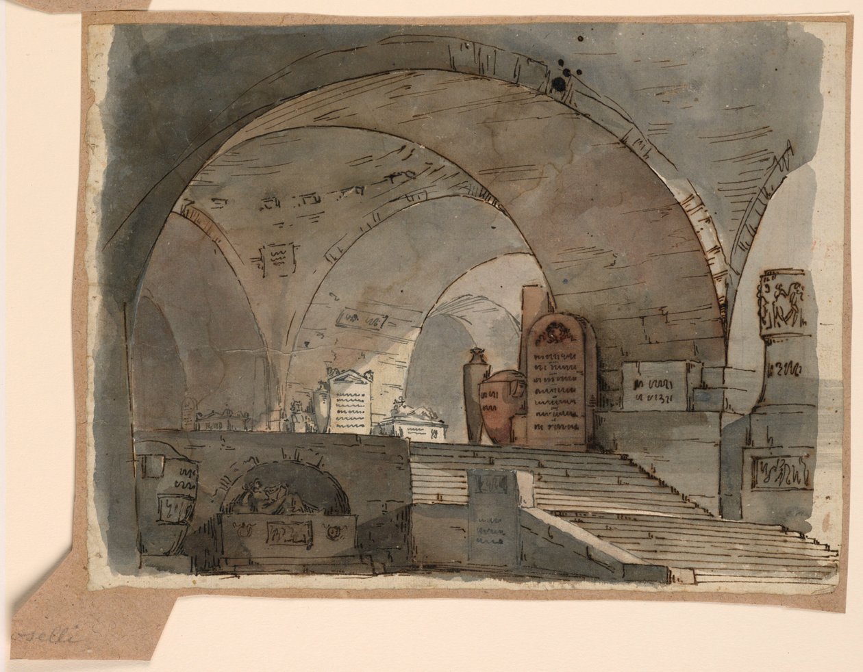 Stage Design, Underground Vaulted Space with Tombs by Angelo Toselli