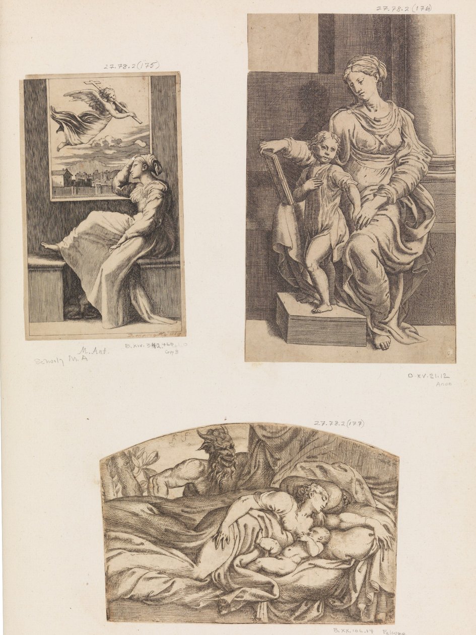 Woman and Angel, Virgin and Child, Satyr Watching a Young Mother and Child Sleeping by Angiolo Falconetto