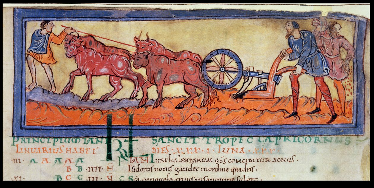 Ploughing, from a Calendar, c.1030 by Anglo Saxon