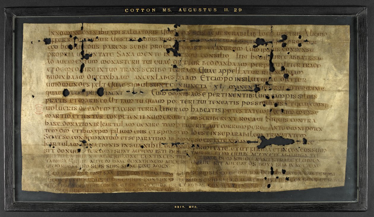 Grant of Hodilredus (Æthelred), kinsman of King Sebbi of the East Saxons (fl. 685-706), to Hedilburg (Æthelburg), abbess by Anglo Saxon Anglo Saxon