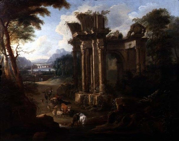 Classical Landscape with a Cowherd Watering his Cattle by Anglo-Flemish School