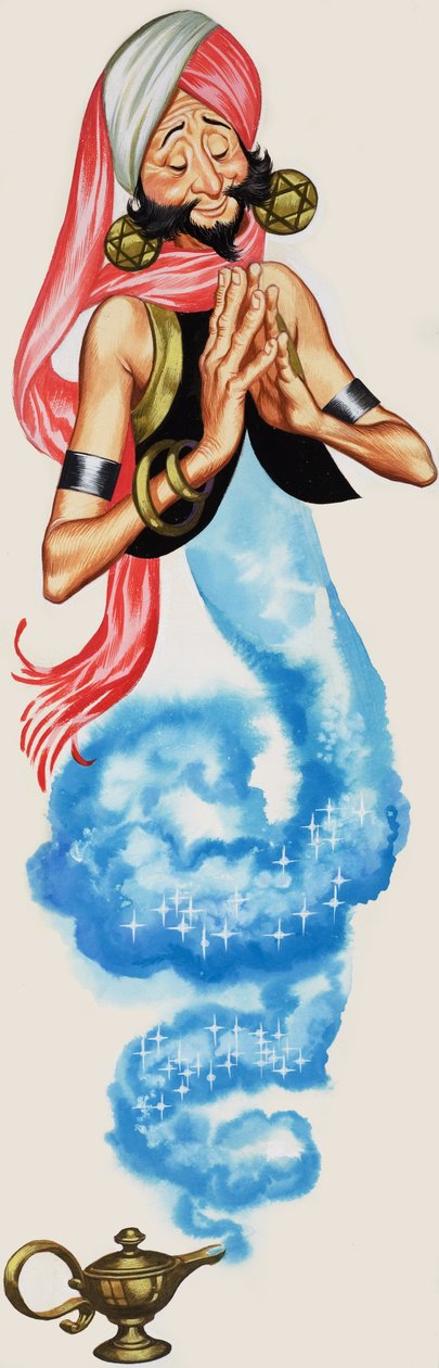 Genie emerging from his lamp, illustration from 