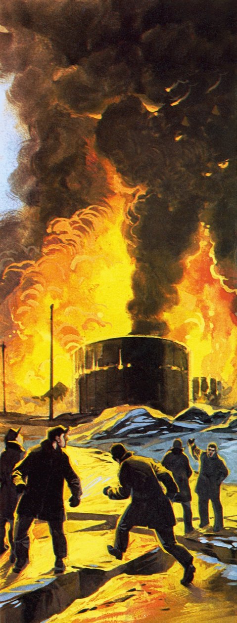 Oil Tanks Burning at Seward After the Anchorage Earthquake of 1964 by Angus McBride