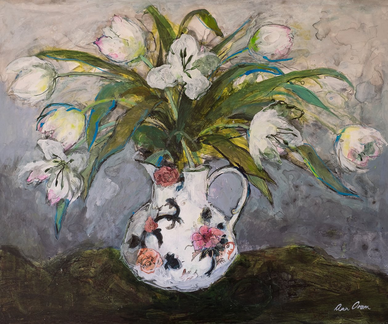 White Tulips in an Ironstone Jug, 2019 by Ann Oram