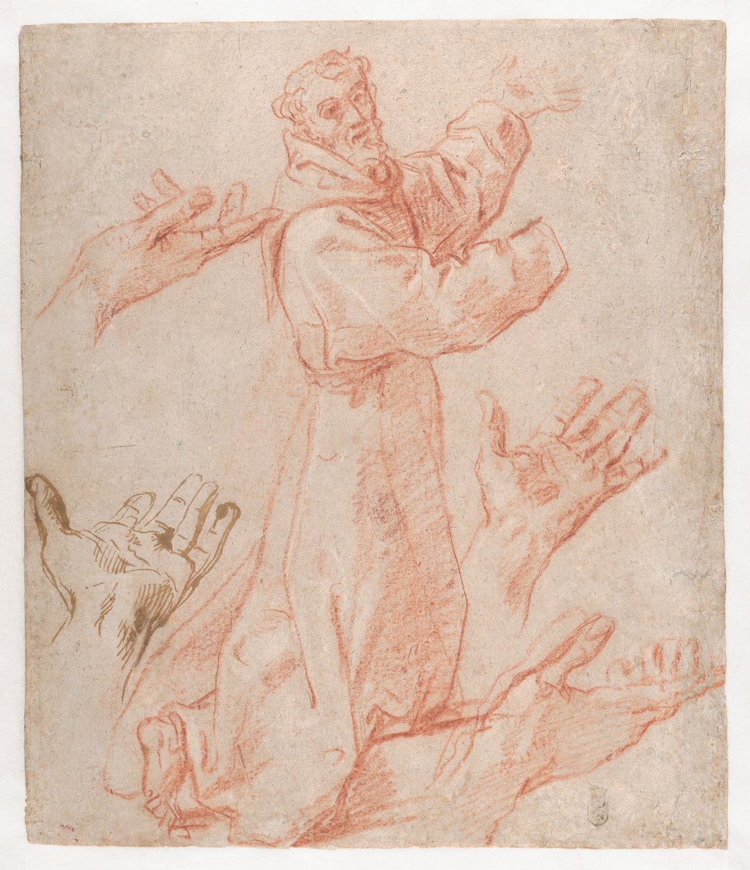Studies for a Figure of Saint Francis Kneeling in a Three-Quarter View and for His Hands (recto), 1583–85 by Annibale Carracci
